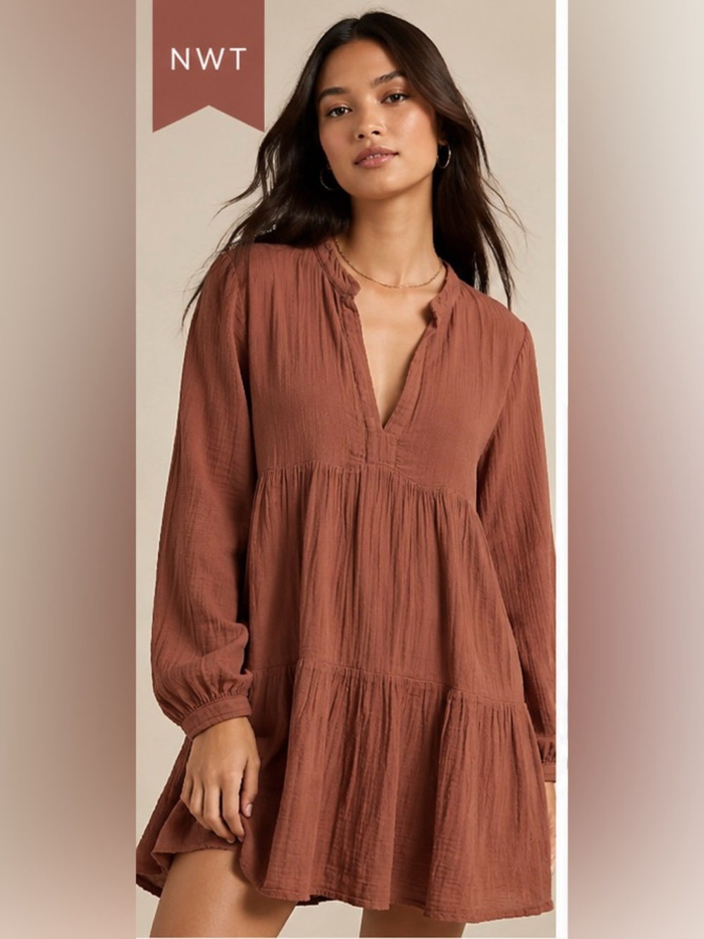NWT Anthropologie Cocoa Gauze Tiered Mini Dress M - FLAWED